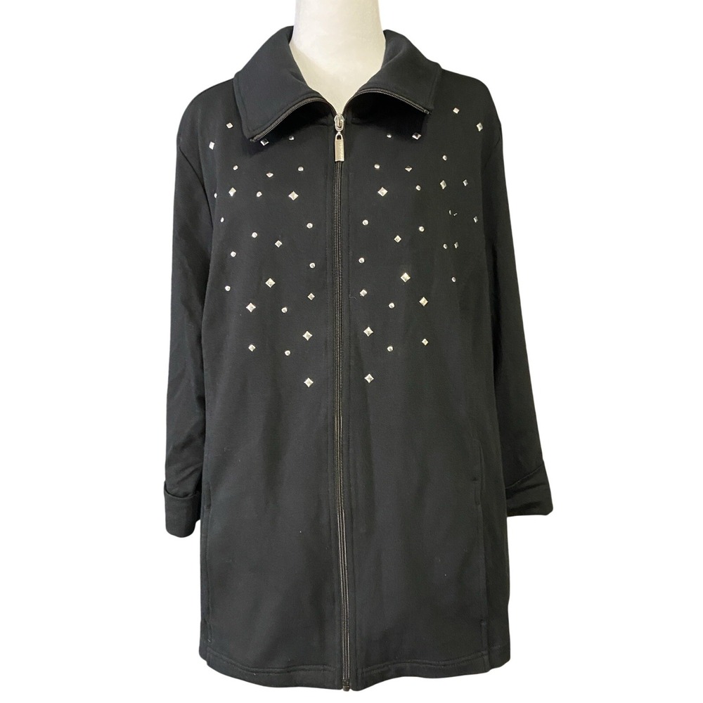 Karen Scott Sport Jacket Womens 1X Black Cotton Blend Rhinestone Zip Pockets